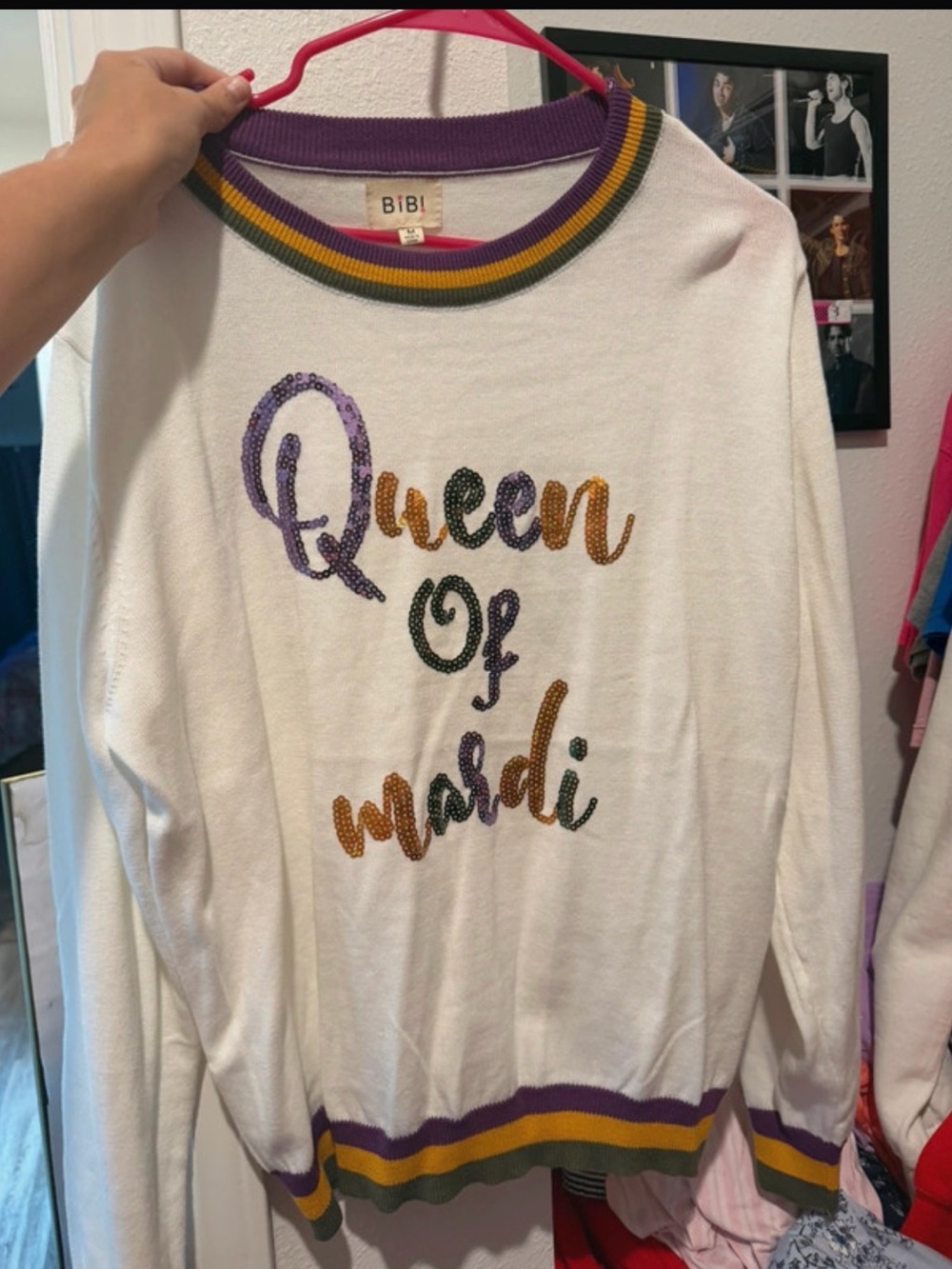 BiBi White Sweater with Purple, Gold and Green Trim